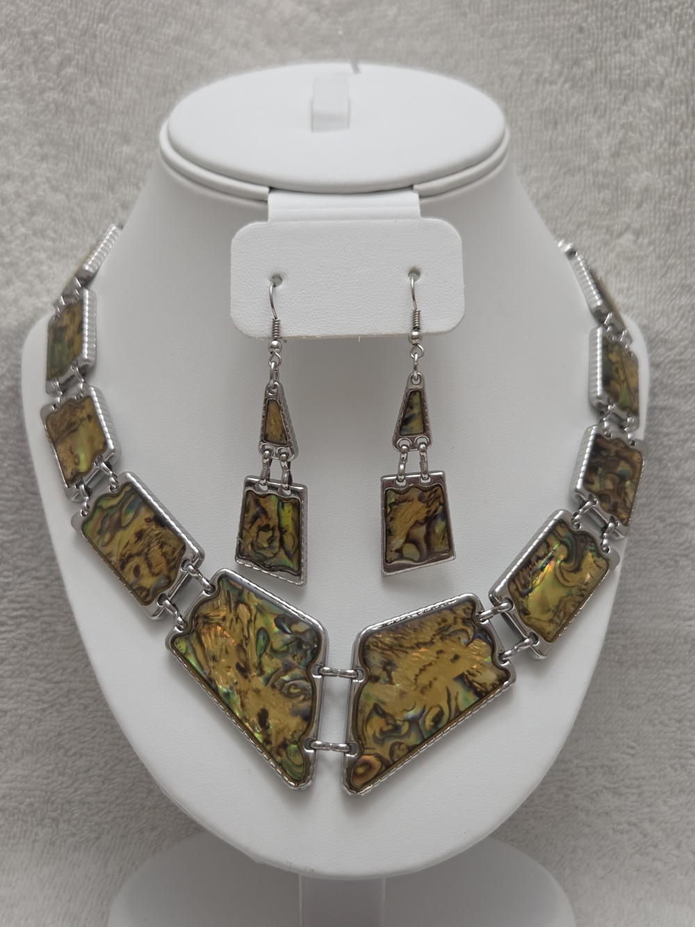 Abalone Inlay Shell Big Geometric Shaped Necklace & Earrings Set in Silver Tone